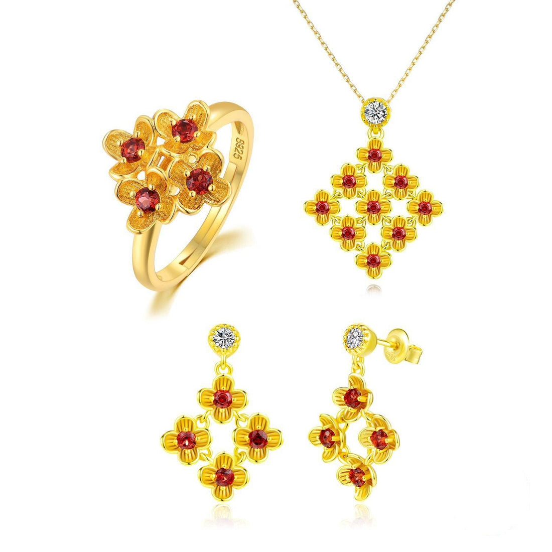 Elegant 925 Pure Silver Jewelry Set with Natural Garnet Flowers, 18K Gold Plated - Your-Look