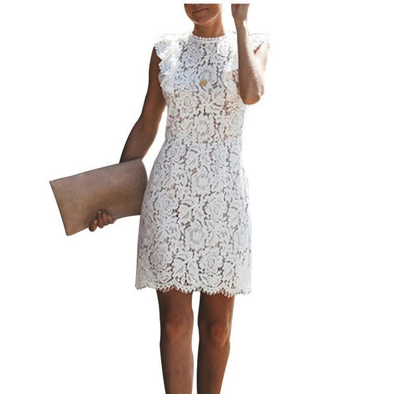 Elegant Chic: Lace Round Neck Sleeveless High Waist Dress - Your-Look