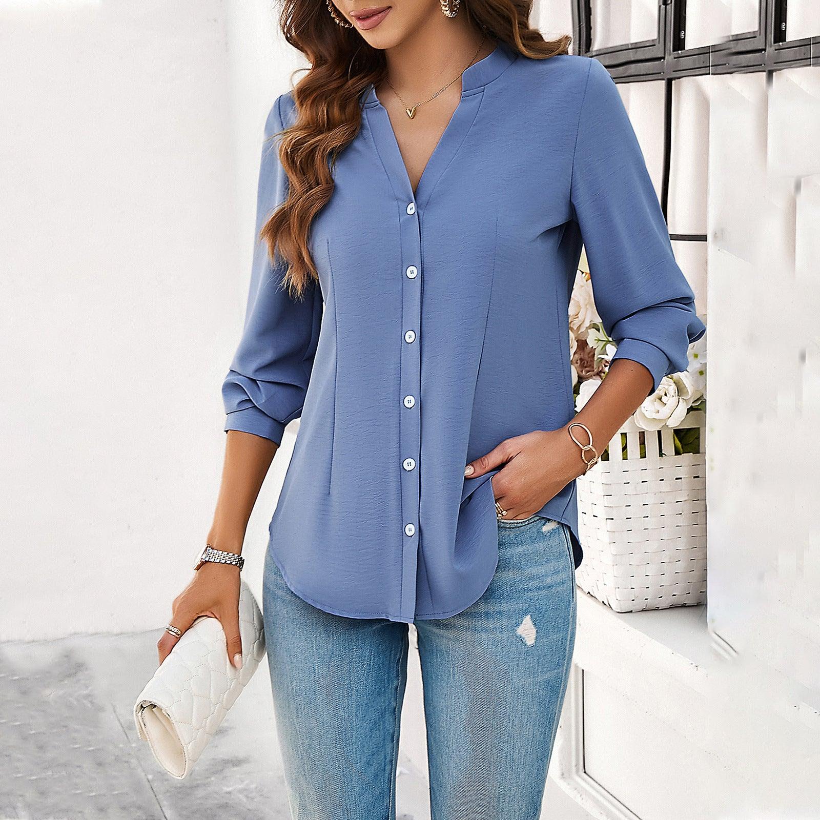 Elegant Spring and Summer Commuting Solid Color Long-sleeved Shirt