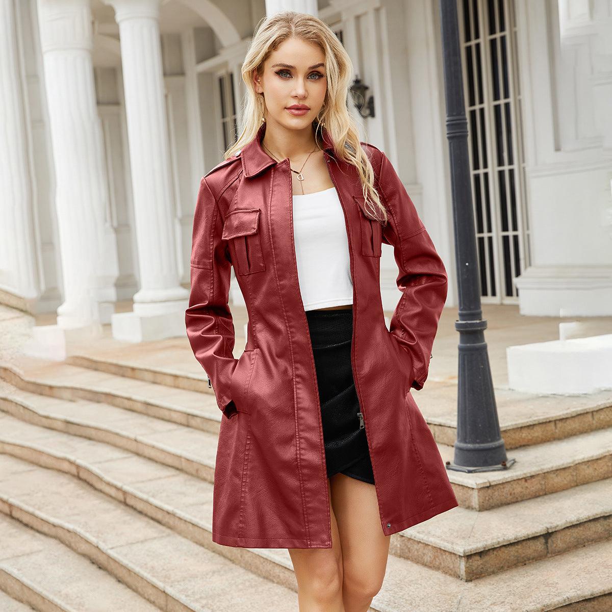 Elegantly Chic: New European and American-Style Mid-Length Leather Coat with Belt - Your-Look