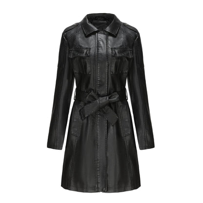 Elegantly Chic: New European and American-Style Mid-Length Leather Coat with Belt - Your-Look