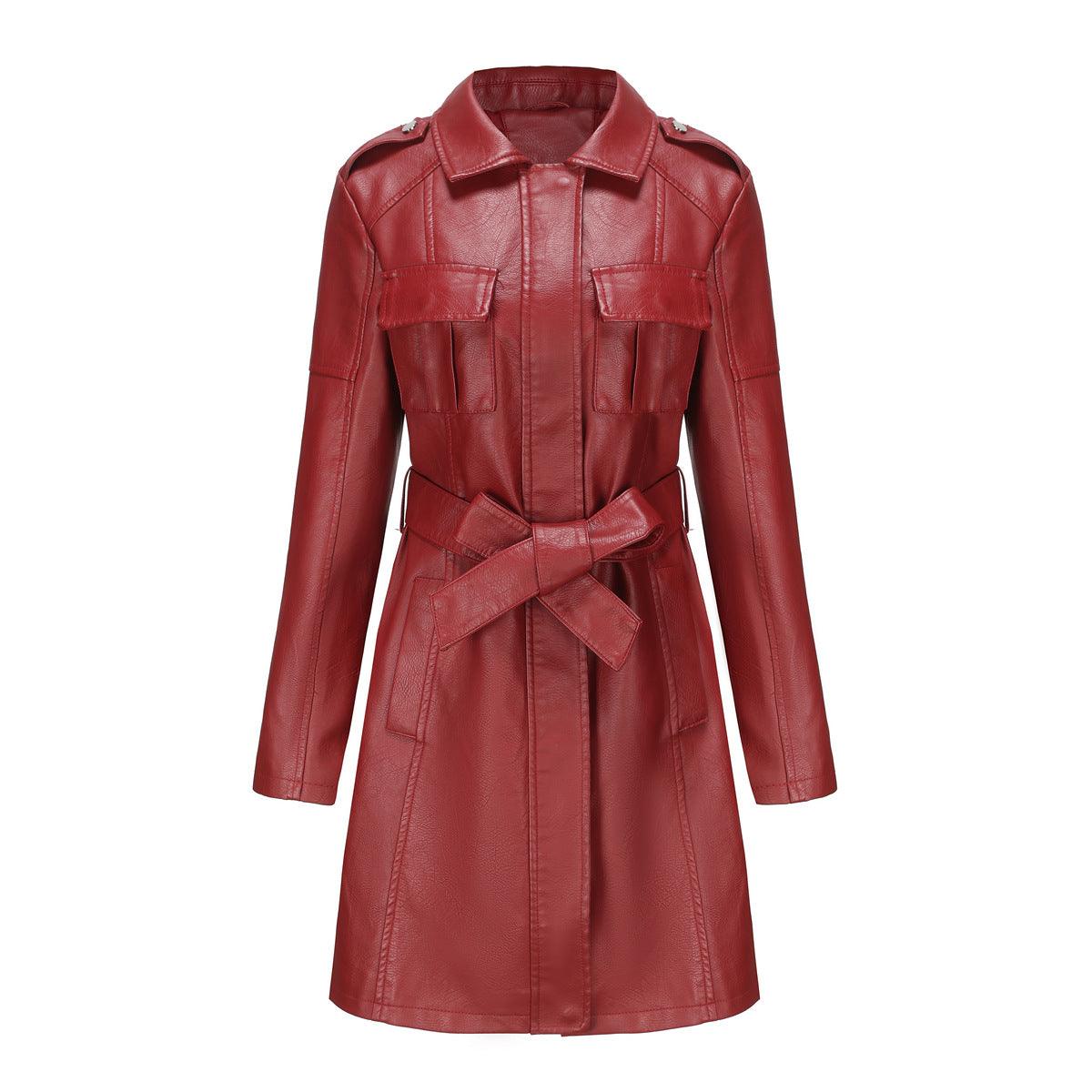 Elegantly Chic: New European and American-Style Mid-Length Leather Coat with Belt - Your-Look
