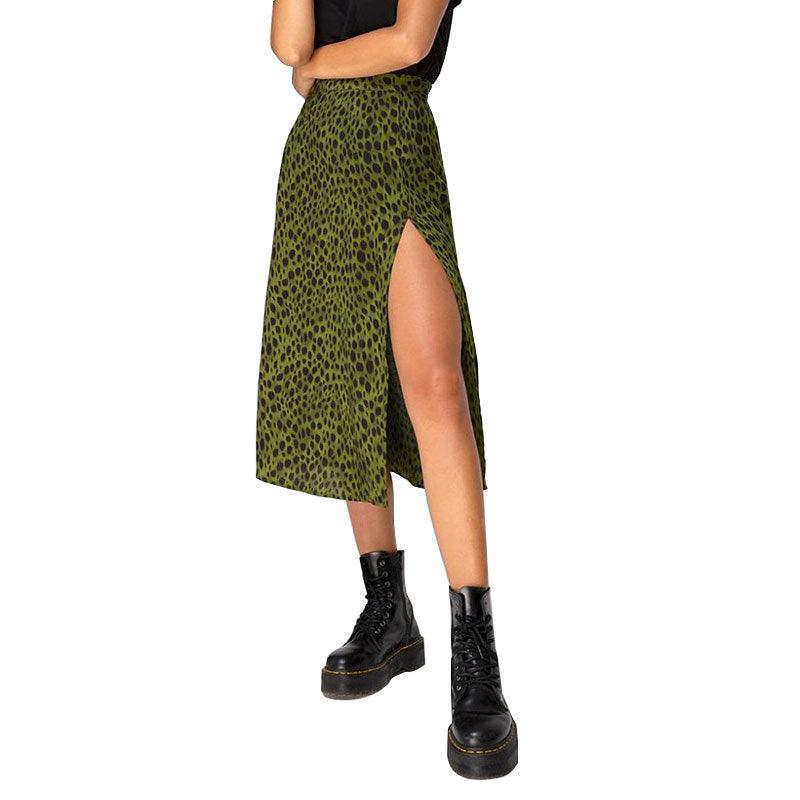 European And American Leopard Print Long Skirt High Waist Slit Hip Skirt