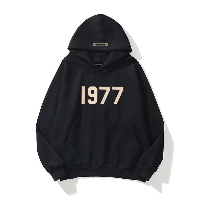 Fashion Brand Sweater High Street Loose Fleece-lined 1977 Words Sweater Men&