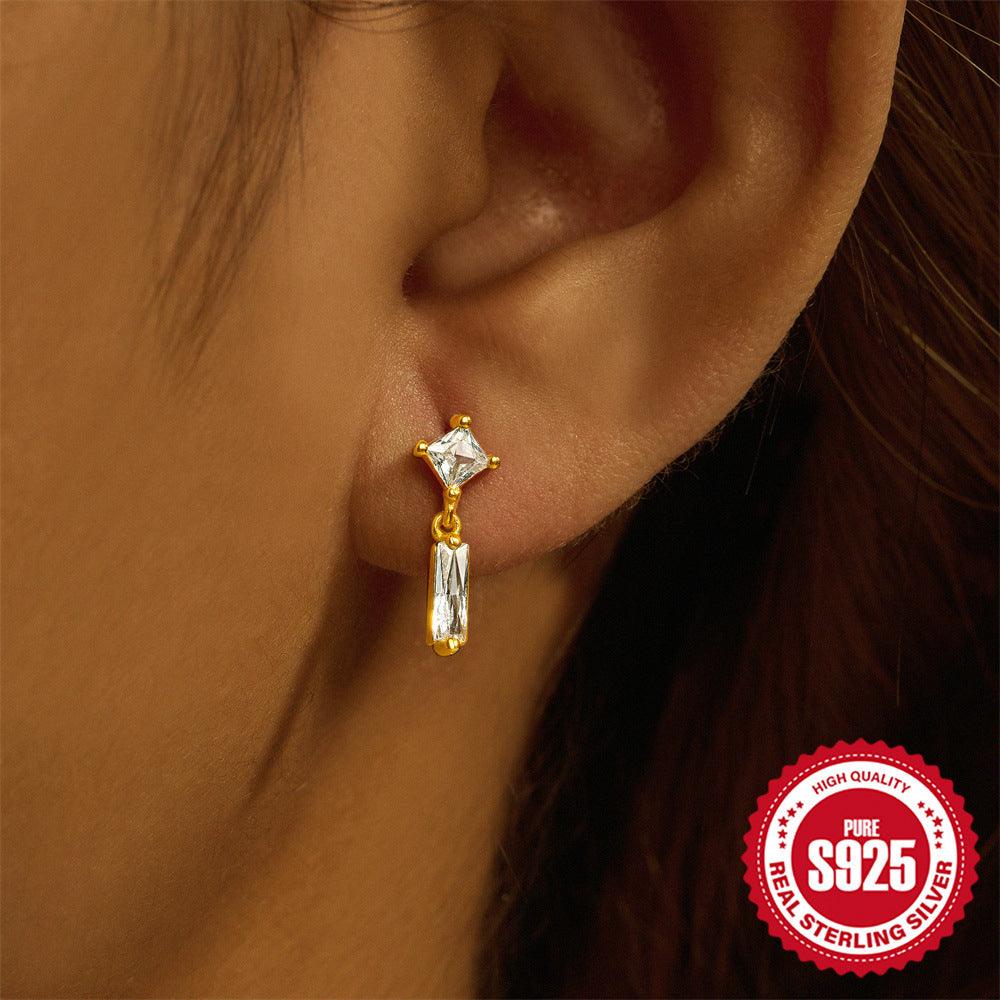 Fashion S925 Sterling Silver Water Drop Pomegranate Opal Triangle Pattern Thread Diamond-embedded Flat Head Piercing Earrings - Fashion - Your-Look