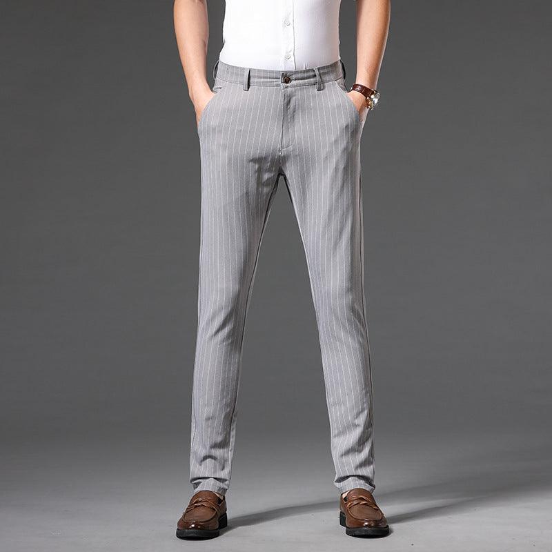 Youth Fashion Striped Stretch Slim Trousers - Trendy Striped Pattern, Middle Waist, Straight Type Silhouette.