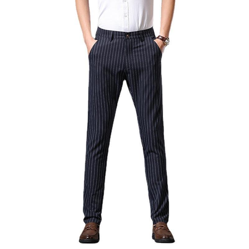 Youth Fashion Striped Stretch Slim Trousers - Trendy Striped Pattern, Middle Waist, Straight Type Silhouette.