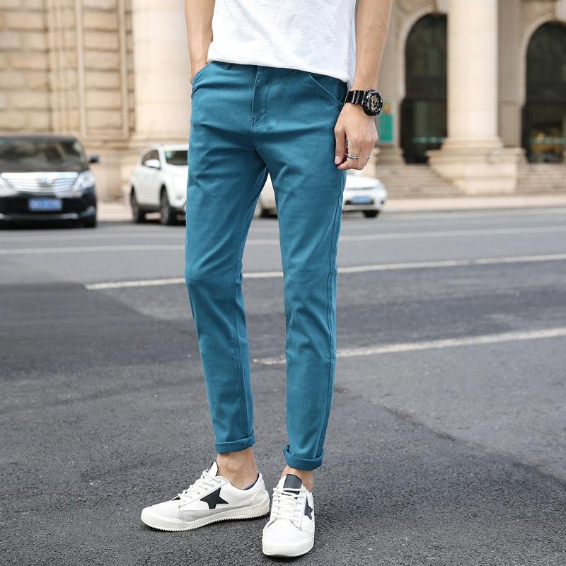 Fashionable Pure Cotton Casual Simple Straight Pants in Khaki, Black, Wine Red, Dark Gray, Royal Blue, and Lake Blue - Mid-Waist, Plain Pattern, Versatile Style.