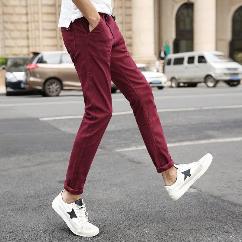 Fashionable Pure Cotton Casual Simple Straight Pants in Khaki, Black, Wine Red, Dark Gray, Royal Blue, and Lake Blue - Mid-Waist, Plain Pattern, Versatile Style.