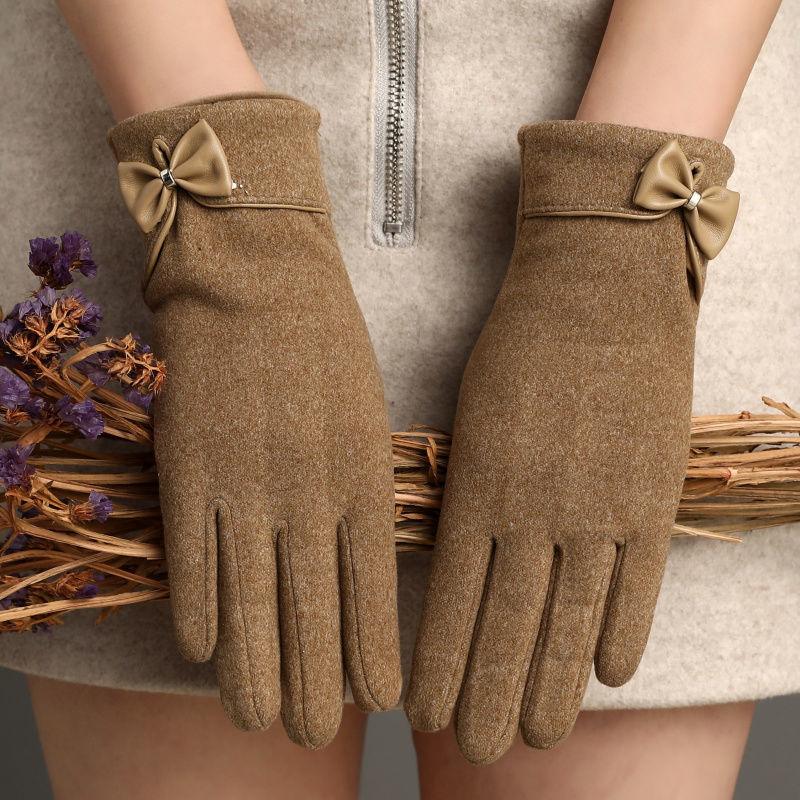 Fleece-Lined De Suede Bow Gloves: Touch Screen Warmth for Outdoor All-Matching Style