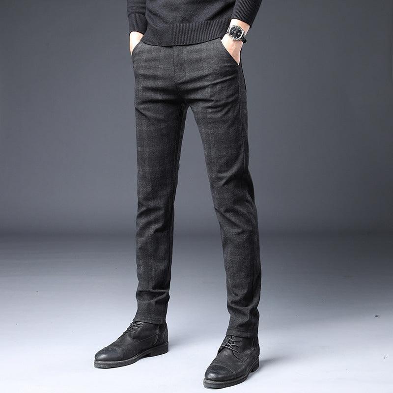 Flow Stretch Work Cotton And Linen Long Pants in Black, Blue, and Dark Gray - Korean Style, Straight Type Silhouette, Grid Pattern.