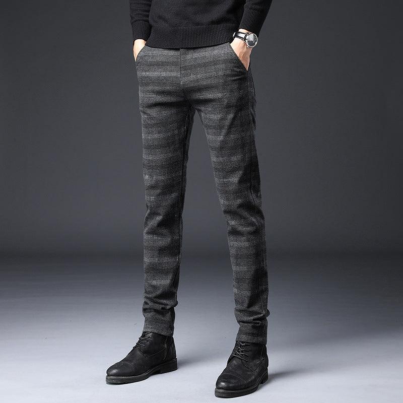 Flow Stretch Work Cotton And Linen Long Pants in Black, Blue, and Dark Gray - Korean Style, Straight Type Silhouette, Grid Pattern.