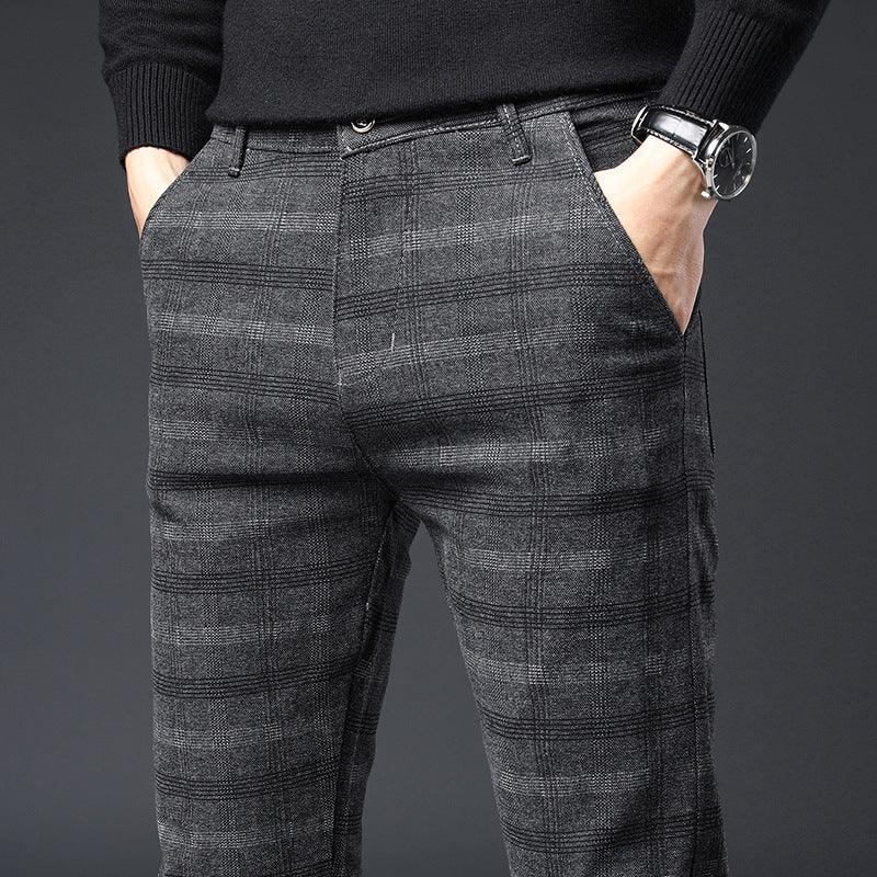 Flow Stretch Work Cotton And Linen Long Pants in Black, Blue, and Dark Gray - Korean Style, Straight Type Silhouette, Grid Pattern.