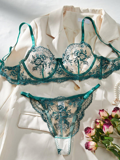 &quot;Floral Elegance&quot; Flower Embroidery Sheer Mesh Bra and Pants Set - Embrace Sexy Simplicity and Comfort - Your-Look