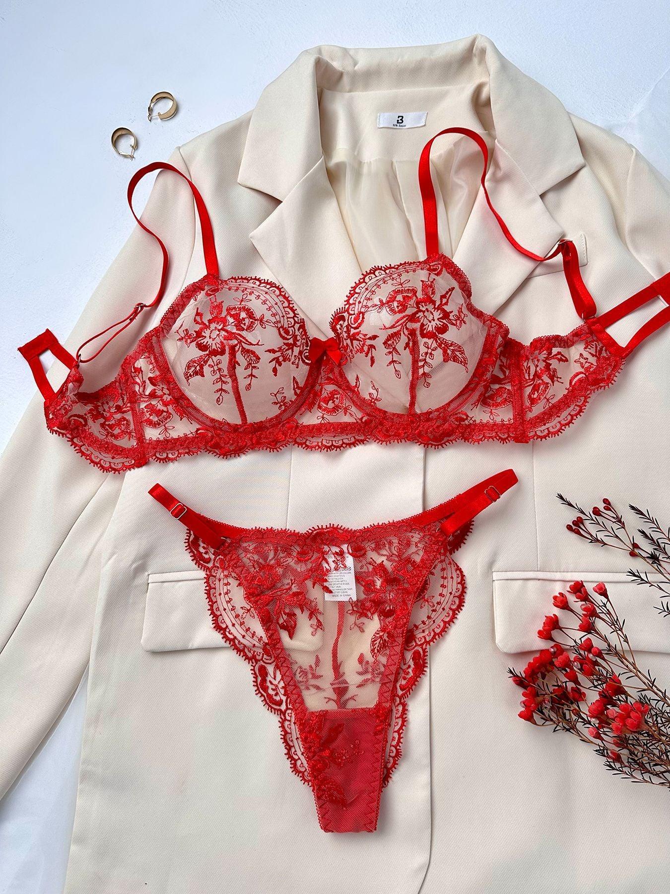 Flower Embroidery Sheer Mesh Bra and Pants Set