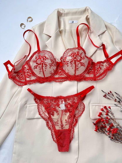 Flower Embroidery Sheer Mesh Bra and Pants Set