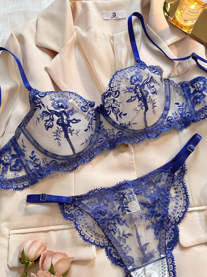 Flower Embroidery Sheer Mesh Bra and Pants Set