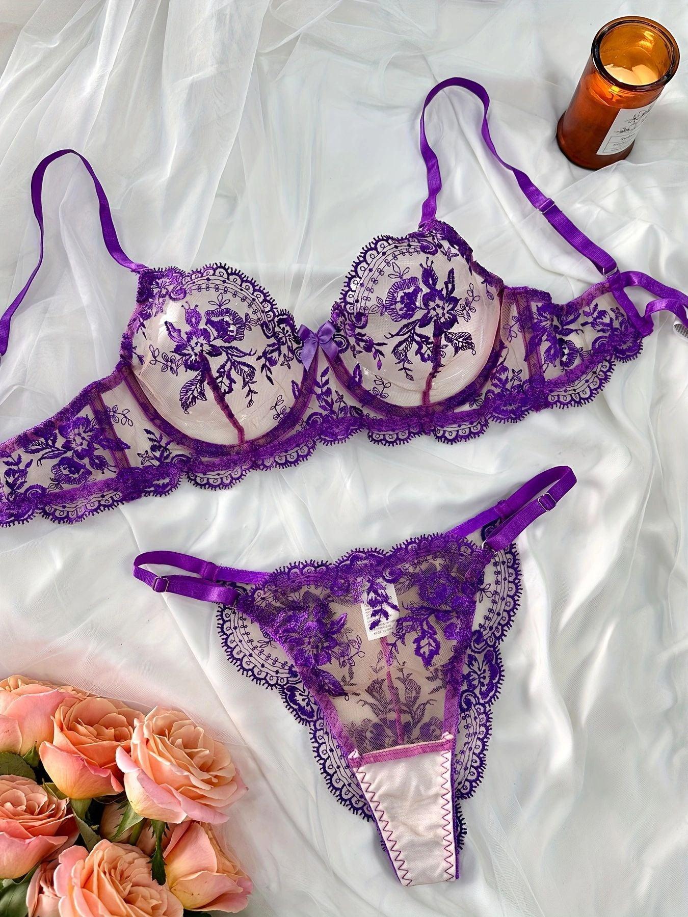 &quot;Floral Elegance&quot; Flower Embroidery Sheer Mesh Bra and Pants Set - Embrace Sexy Simplicity and Comfort - Your-Look