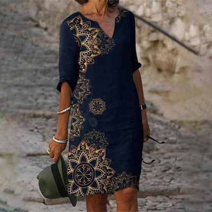 Flower Print Rendering V-neck Half Sleeves Mid-waist Pullover A- Line Skirt Dress - Fashion - Your-Look