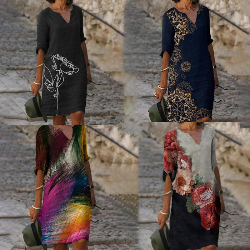 Flower Print Rendering V-neck Half Sleeves Mid-waist Pullover A- Line Skirt Dress - Fashion - Your-Look
