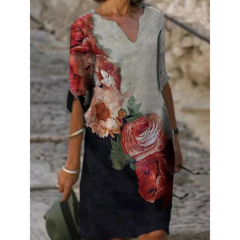 Flower Print Rendering V-neck Half Sleeves Mid-waist Pullover A- Line Skirt Dress - Fashion - Your-Look