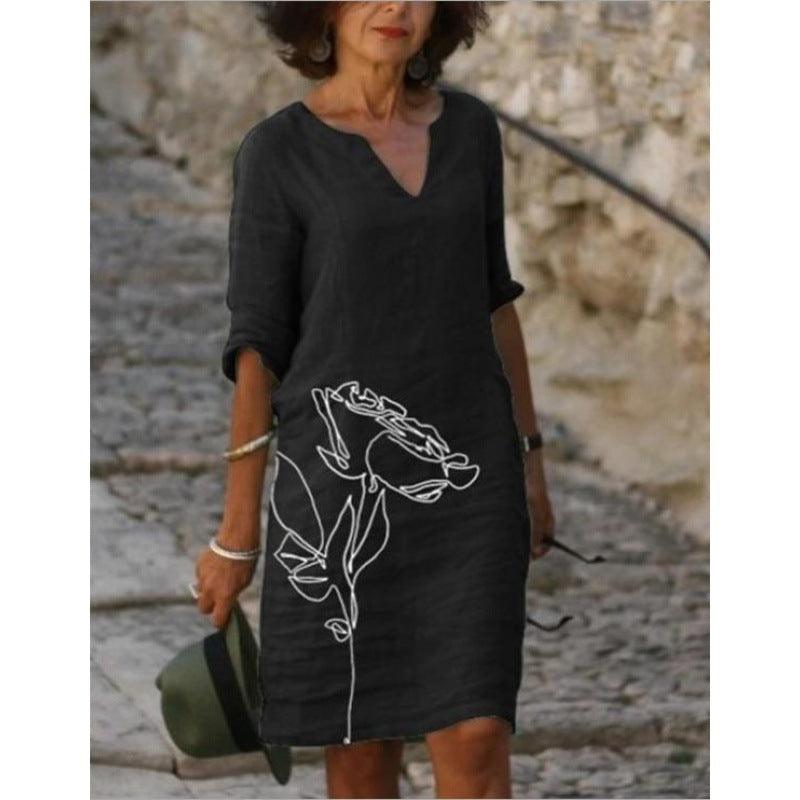 Flower Print Rendering V-neck Half Sleeves Mid-waist Pullover A- Line Skirt Dress - Fashion - Your-Look