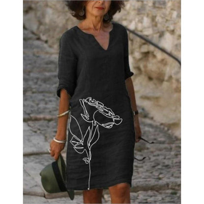 Flower Print Rendering V-neck Half Sleeves Mid-waist Pullover A- Line Skirt Dress - Fashion - Your-Look