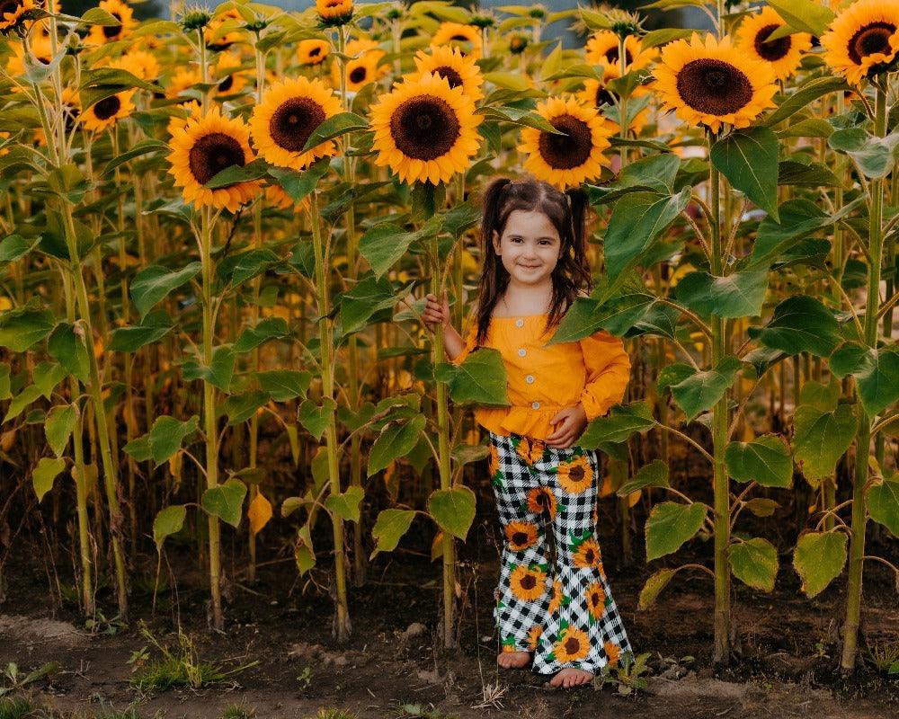 Foreign Trade Childrens Clothing WholesaleAutumn New Style Longsleeved Yellow Blouse  Plaid Sun Flower Trousers Girl Suit 3-piece Set -  - Your-Look