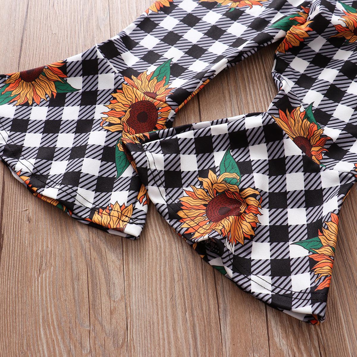 Foreign Trade Childrens Clothing WholesaleAutumn New Style Longsleeved Yellow Blouse  Plaid Sun Flower Trousers Girl Suit 3-piece Set -  - Your-Look