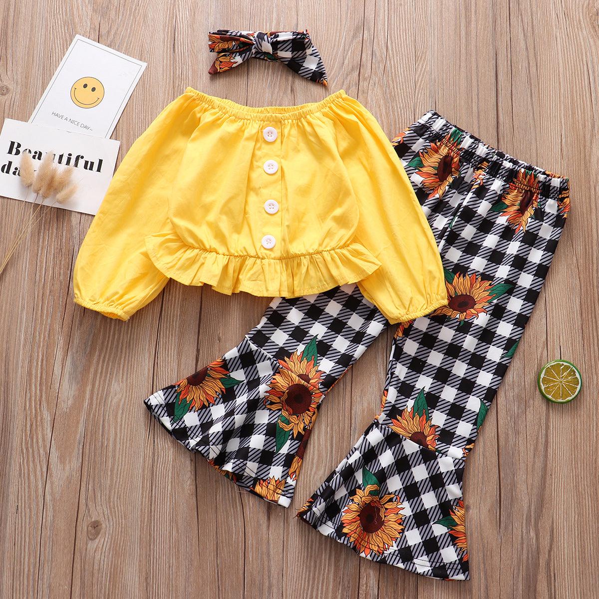 Foreign Trade Childrens Clothing WholesaleAutumn New Style Longsleeved Yellow Blouse  Plaid Sun Flower Trousers Girl Suit 3-piece Set -  - Your-Look
