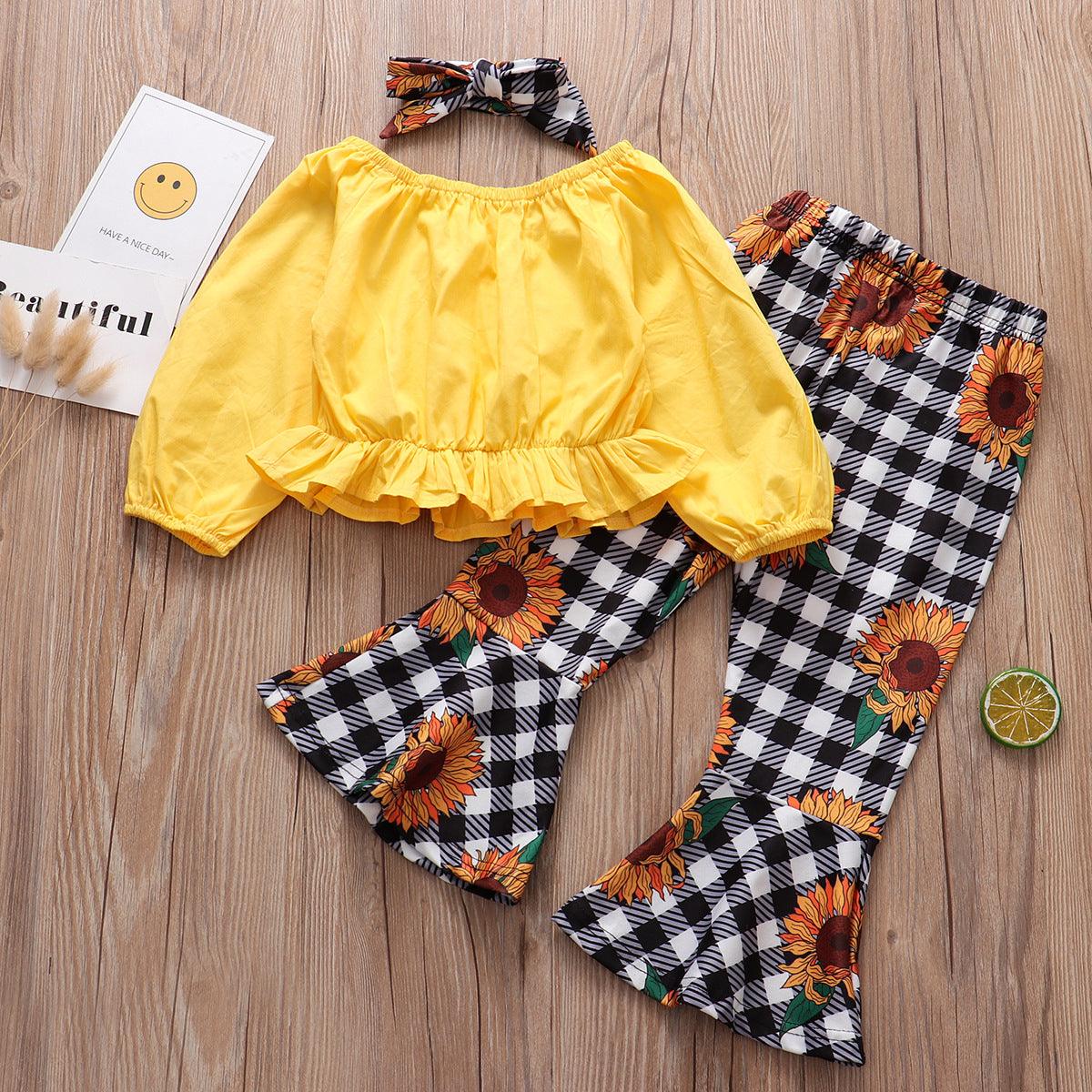 Foreign Trade Childrens Clothing WholesaleAutumn New Style Longsleeved Yellow Blouse  Plaid Sun Flower Trousers Girl Suit 3-piece Set -  - Your-Look