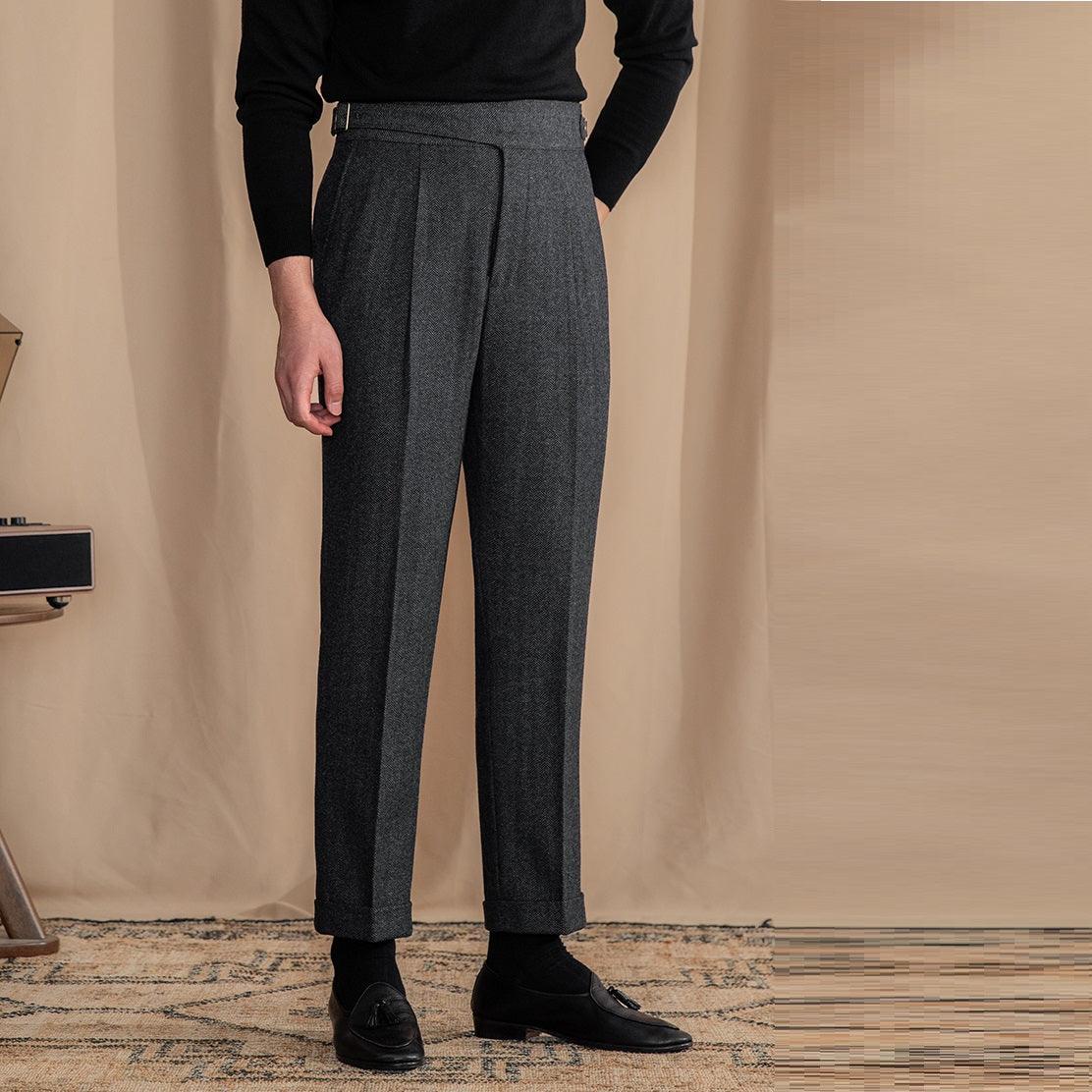 Herringbone Pattern Auger Casual British Tweed High Waist Straight-leg Trousers in Brown and Dark Gray - Premium Woolen Fabric, Zhanming Pants Hem 3D Cutting.