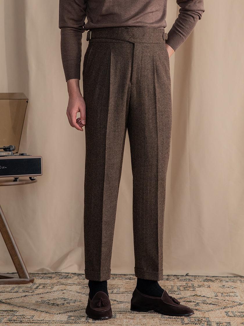 Herringbone Pattern Auger Casual British Tweed High Waist Straight-leg Trousers in Brown and Dark Gray - Premium Woolen Fabric, Zhanming Pants Hem 3D Cutting.