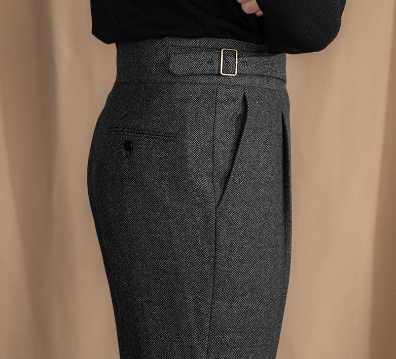 Herringbone Pattern Auger Casual British Tweed High Waist Straight-leg Trousers in Brown and Dark Gray - Premium Woolen Fabric, Zhanming Pants Hem 3D Cutting.