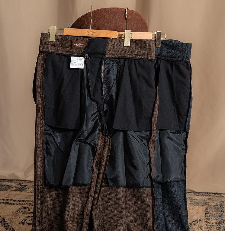 Herringbone Pattern Auger Casual British Tweed High Waist Straight-leg Trousers in Brown and Dark Gray - Premium Woolen Fabric, Zhanming Pants Hem 3D Cutting.