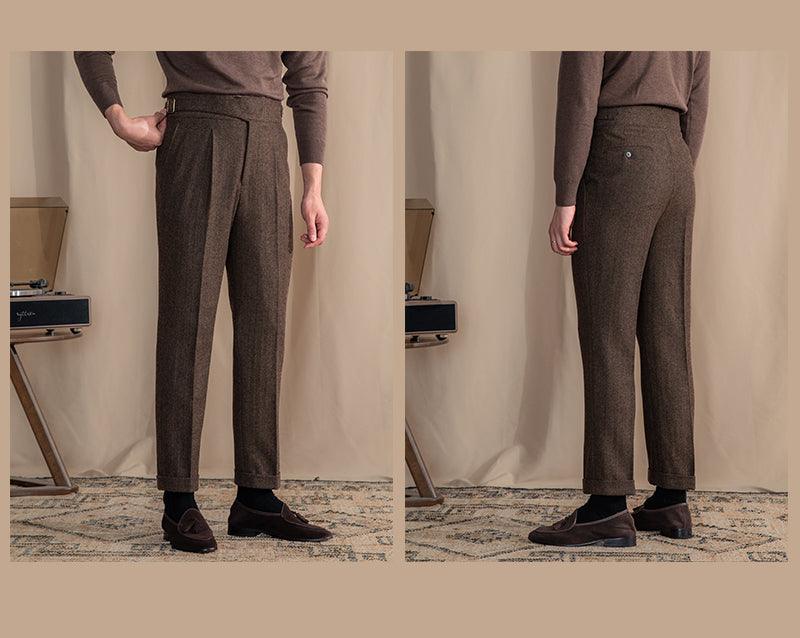 Herringbone Pattern Auger Casual British Tweed High Waist Straight-leg Trousers in Brown and Dark Gray - Premium Woolen Fabric, Zhanming Pants Hem 3D Cutting.