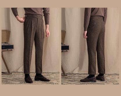 Herringbone Pattern Auger Casual British Tweed High Waist Straight-leg Trousers in Brown and Dark Gray - Premium Woolen Fabric, Zhanming Pants Hem 3D Cutting.