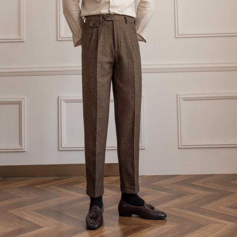 Herringbone Wool Suit Pants Men&