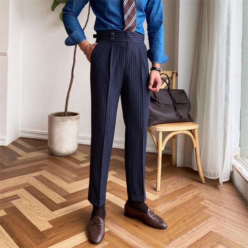 High Waist Business Casual Pants Fashion Stripe Non-Iron in Dark Blue - Sophisticated Stripe Pattern, Mid-High Waist, Non-Iron Fabric Blend.