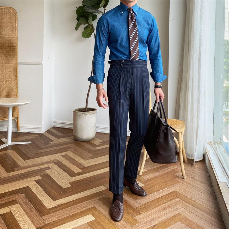 High Waist Business Casual Pants Fashion Stripe Non-Iron in Dark Blue - Sophisticated Stripe Pattern, Mid-High Waist, Non-Iron Fabric Blend.