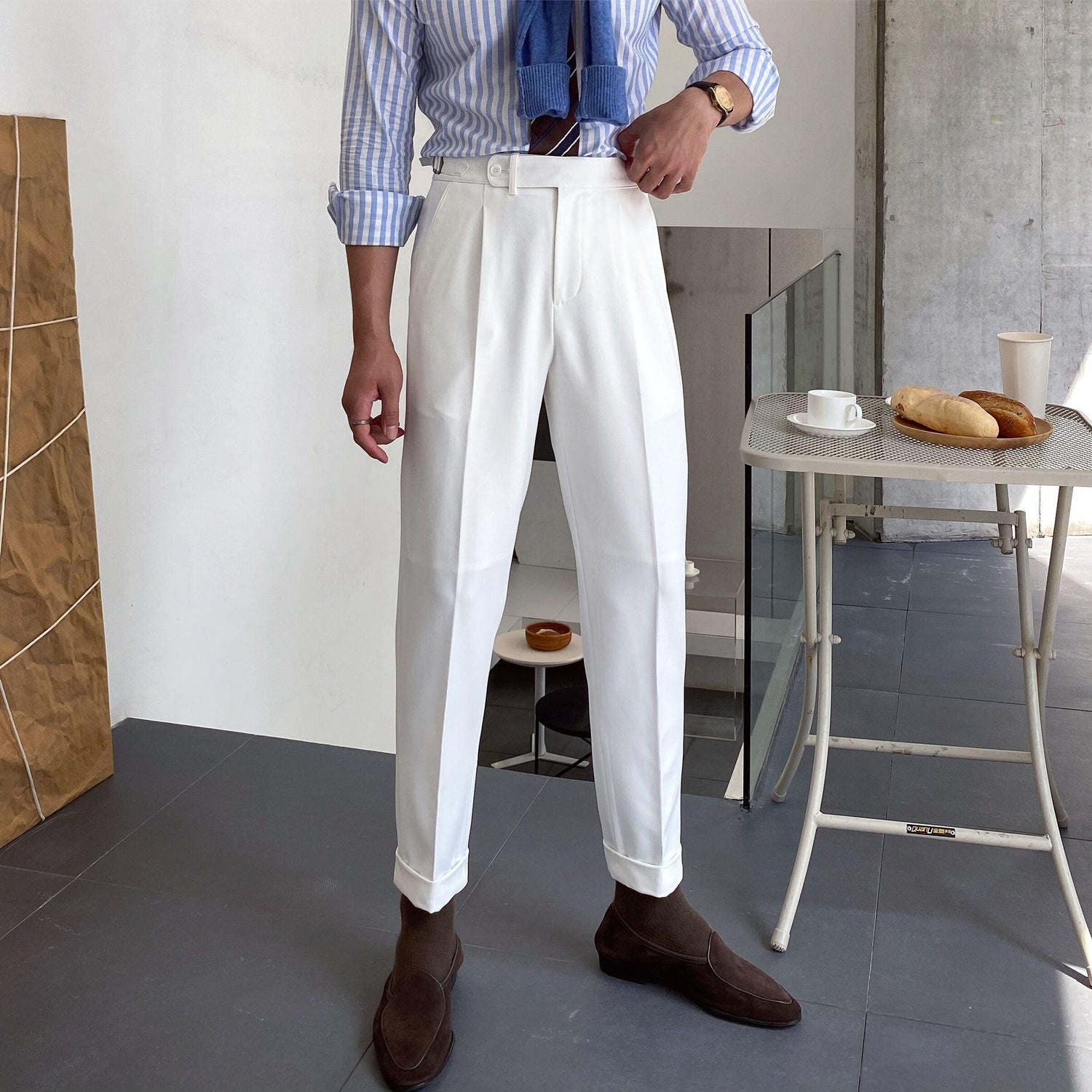 High Waist Business Casual Texture All-Match Straight-Leg Pants For Men in White, Navy, Apricot, and Black - Premium Fabric Blend, Flattering High Waist Silhouette.