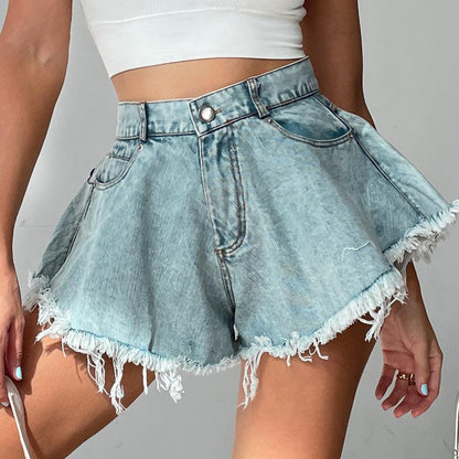 High Waist Loose-fitting Tassel Denim Shorts For Women - FASHION - Your-Look