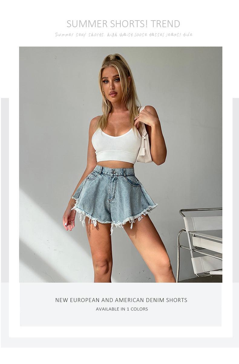 High Waist Loose-fitting Tassel Denim Shorts For Women - FASHION - Your-Look