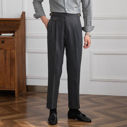 High-Waisted Straight-Leg Trousers with Retro Double Pleats - Gray Khaki, Microelastic, Polyester-Cotton Blend.