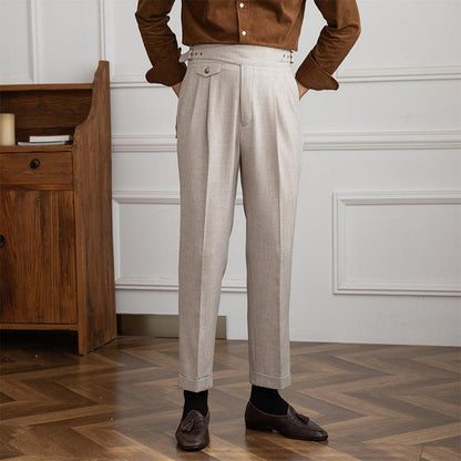 High-Waisted Straight-Leg Trousers with Retro Double Pleats - Gray Khaki, Microelastic, Polyester-Cotton Blend.