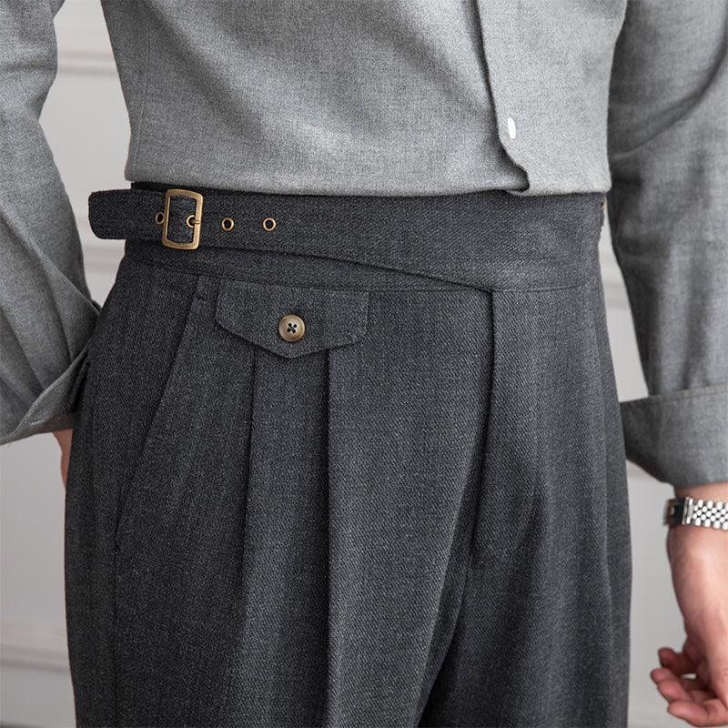 High-Waisted Straight-Leg Trousers with Retro Double Pleats - Gray Khaki, Microelastic, Polyester-Cotton Blend.