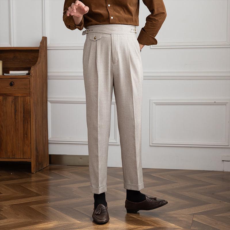 High-Waisted Straight-Leg Trousers with Retro Double Pleats - Gray Khaki, Microelastic, Polyester-Cotton Blend.