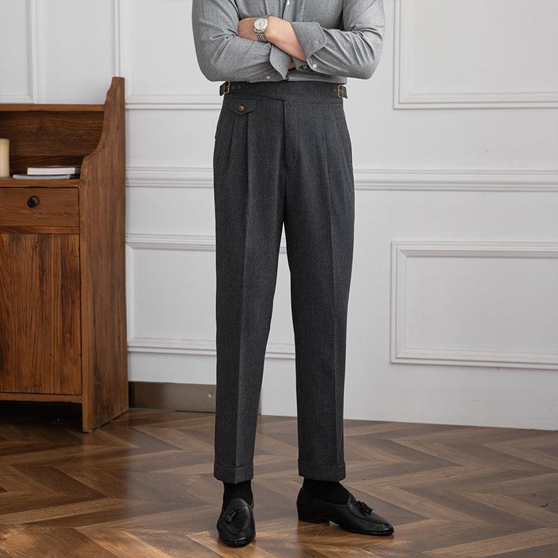 High-Waisted Straight-Leg Trousers with Retro Double Pleats - Gray Khaki, Microelastic, Polyester-Cotton Blend.