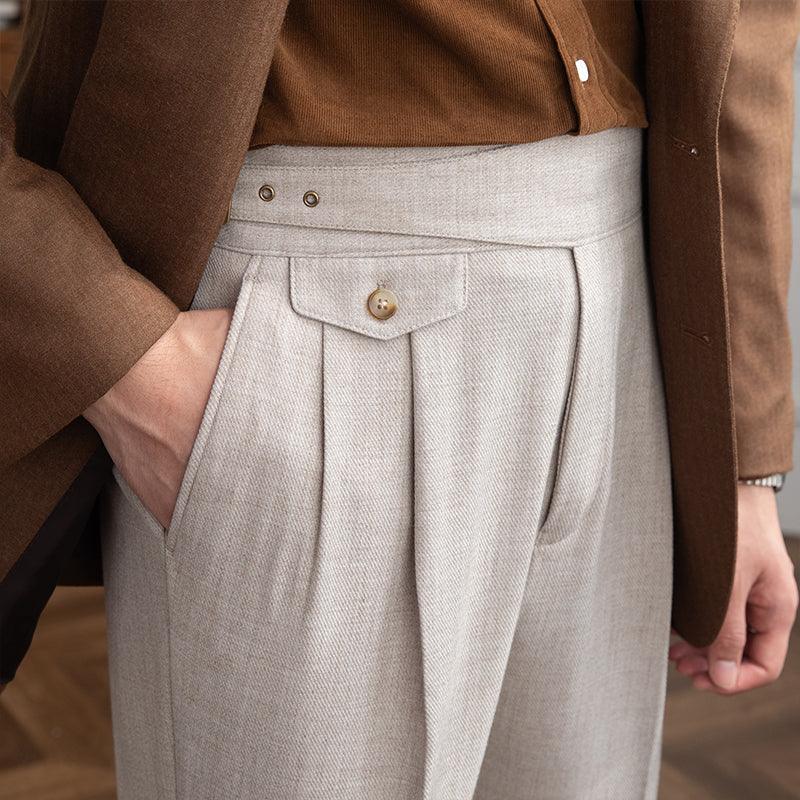 High-Waisted Straight-Leg Trousers with Retro Double Pleats - Gray Khaki, Microelastic, Polyester-Cotton Blend.