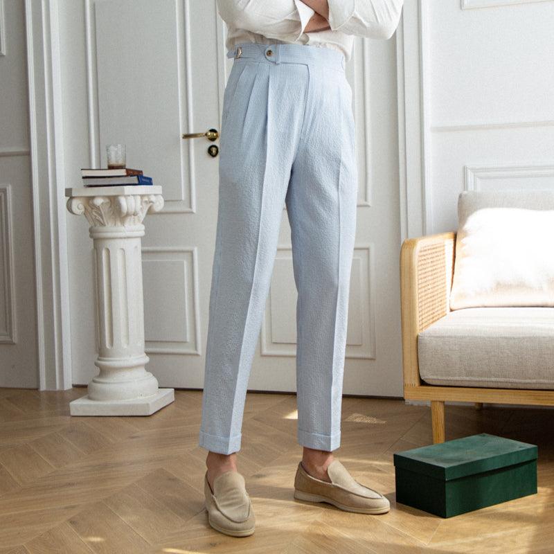 Baby Blue High-Waisted Straight Leg Smart Trousers - Medium-High Waist, Subtle Stripe Pattern, Polyester-Spandex Blend.